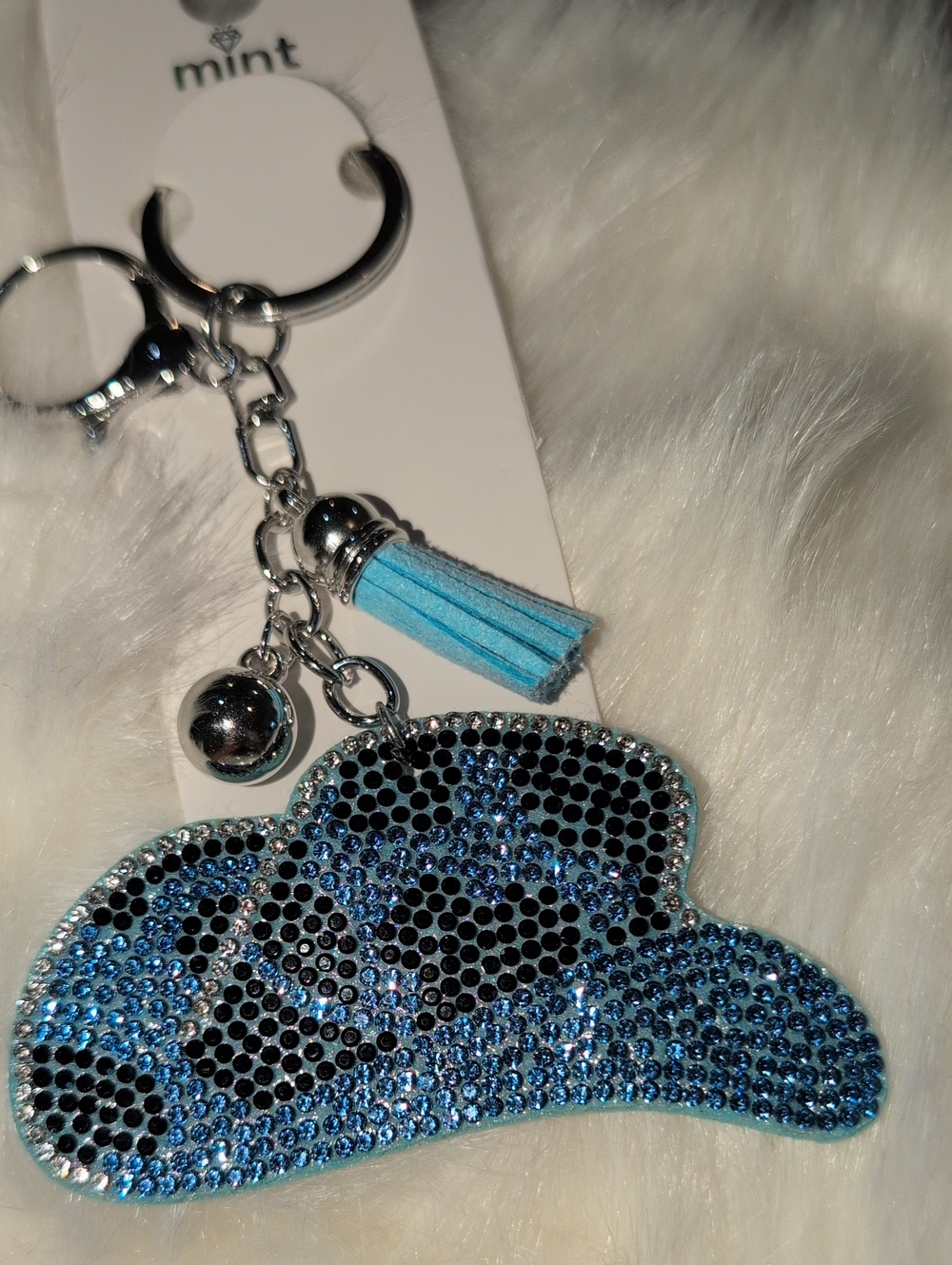 Mint Blue Crystal Cowboy Hat Keyring with Tassel Charm Bag Charm